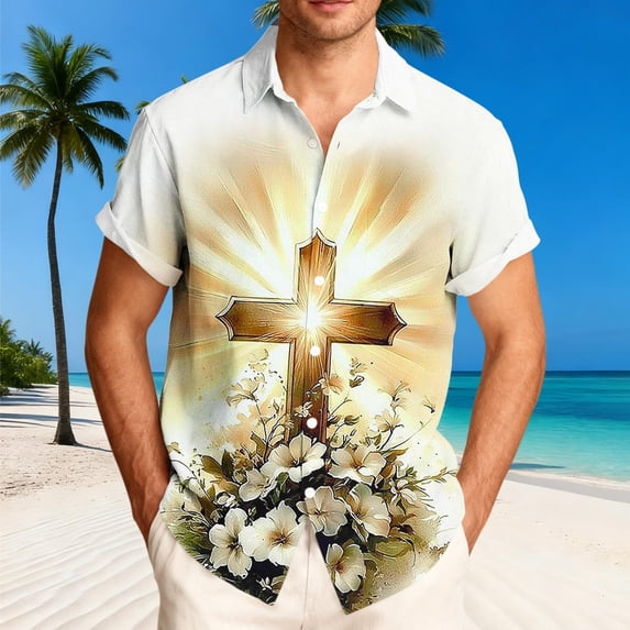 COSFO Button Down Shirts for Men Big And Tall Easter Cross Short Sleeve Tops Graphic Collared Classic Fit Mens Shirts