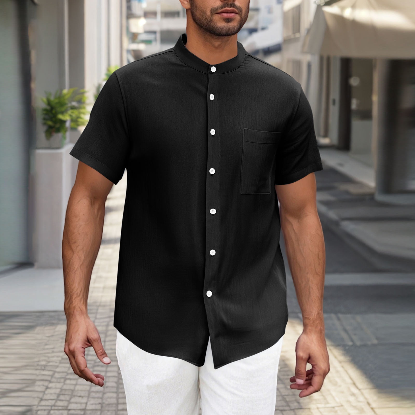 COSFO Button Down Shirts for Men Casual Black Short Sleeve Work Tops ...