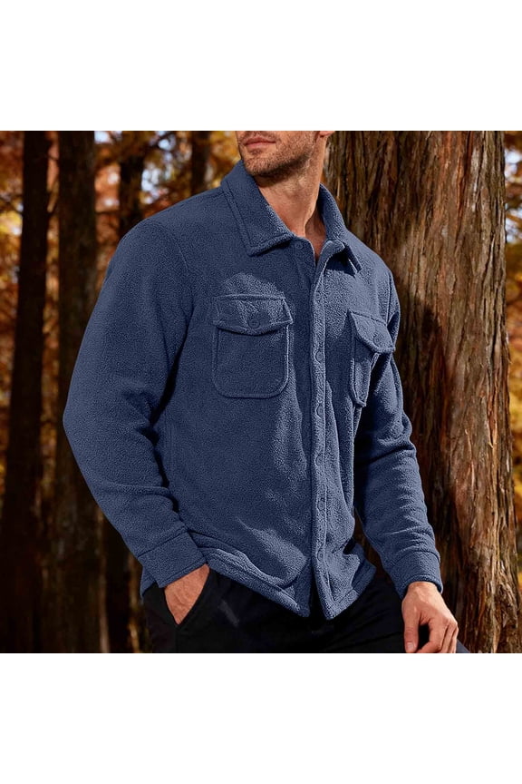 Button Down Shirts for Men Long Sleeve Blue Fleece Collared Work Tops Loose Fit with Pocket Shirts Men