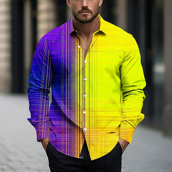 COSFO Button Down Shirts for Men Long Sleeve Casual Colorblock Tops Loose Fit Collared Mens Shirts