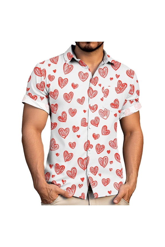 Button Down Shirts for Men Short Sleeve Valentine's Day Love Heart Tops Graphic Collared with Pocket Loose Fit Mens Shirts
