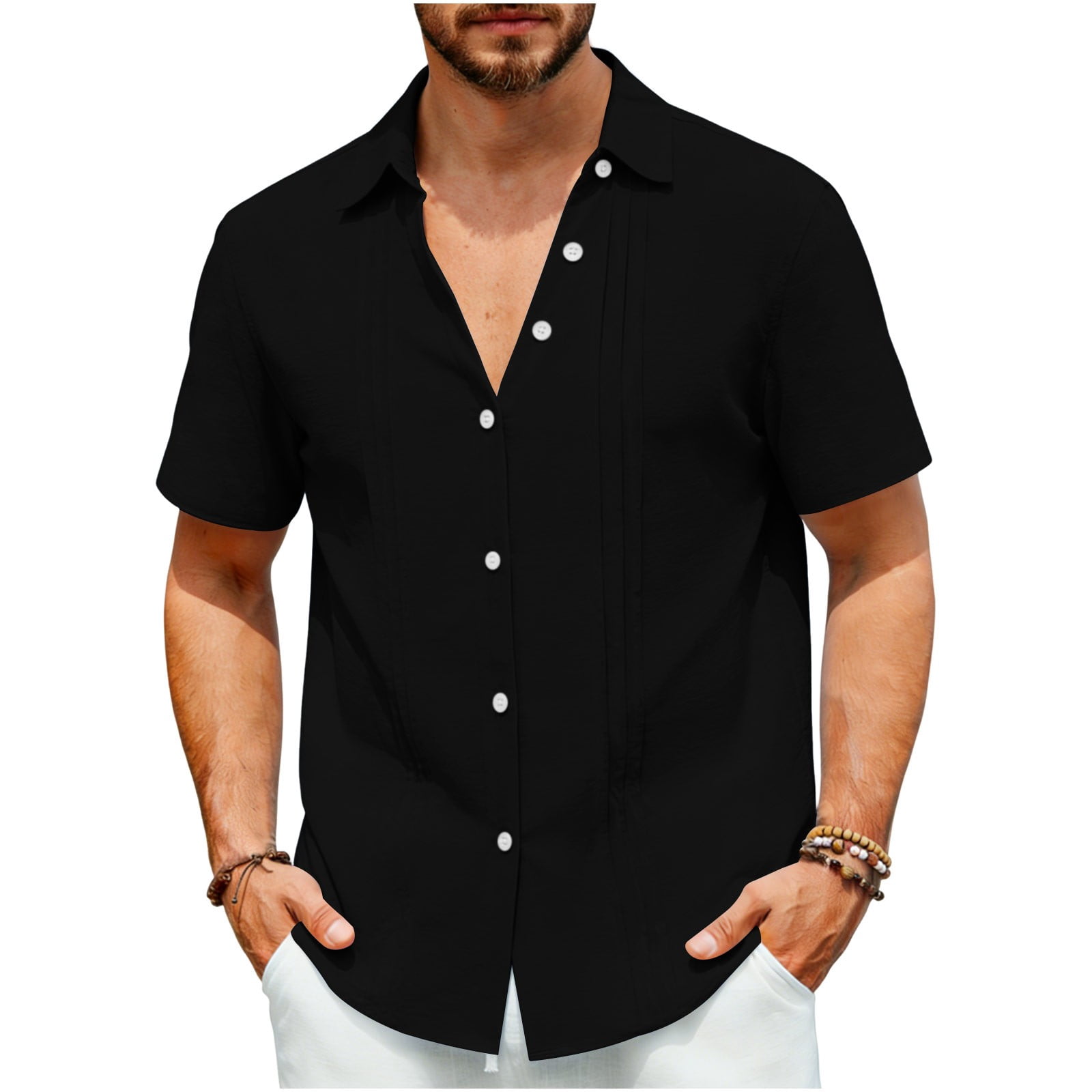 COSFO Button Up Shirt Men Big And Tall Short Sleeve Black Linen Tops ...