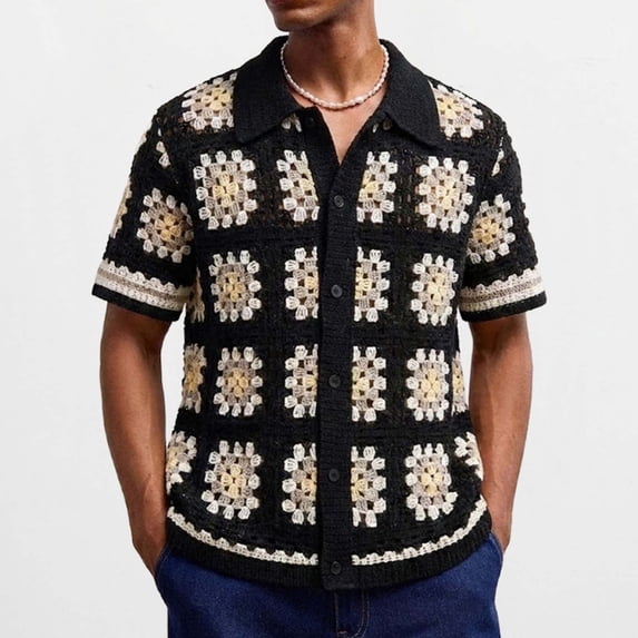 COSFO Button Up Shirt Men Big And Tall Vintage Short Sleeve Knit Tops Summer Classic Fit Vacation Collared Shirts for Men