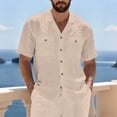 thumbnail image 1 of COSFO Button Up Shirt Men Solid Colors Short Sleeve Cotton Linen Tops Loose Fit Summer Fishing Collared Men Shirts, 1 of 9