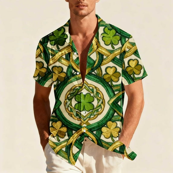 COSFO Button Up Shirts for Men Funny Short Sleeve St Patricks Day Tops Graphic Relaxed Fit Collared Mens Shirts