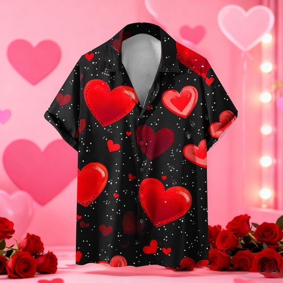 COSFO Button Up Shirts for Men Valentine's Day Funny Short Sleeve Tops Vacation Collared Classic Fit Mens Shirts