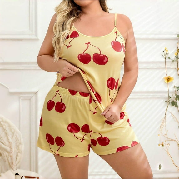 QUNYINEY Camisole Womens Lounge Set Cherry Sleeveless Plus Size Crew Neck Nightwear Loose Fit Shorts Soft 2-Piece Cute Outfits for Women