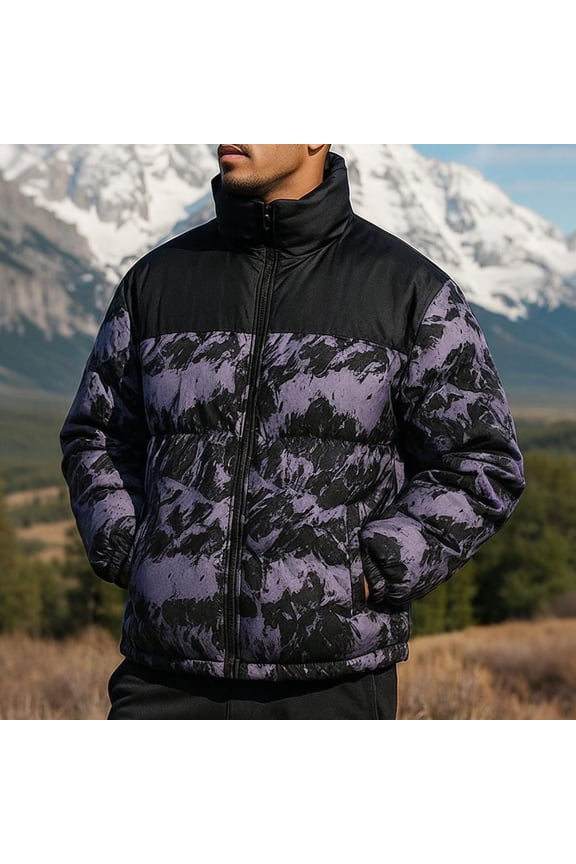 Camouflage Puffer Jackets for Men Casual Full Zip Coat Stand Colla Cotton Windproof Loose Fit Long Sleeve Coats for Men