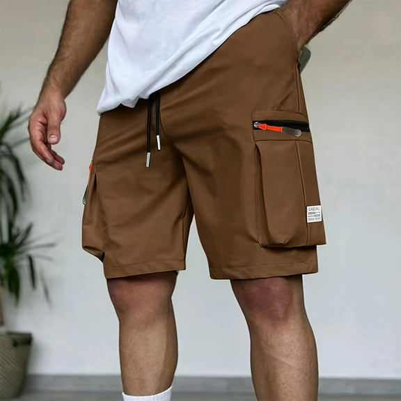 COSFO Cargo Shorts Men Relaxed Fit Brown Elastic Waist Casual with Zipper Pockets Outdoor Work Shorts