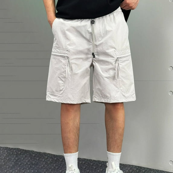 COSFO Cargo Shorts for Men Elastic Waist Casual Relaxed Fit Gray with Zipper Pockets Knee Length Outdoor Shorts