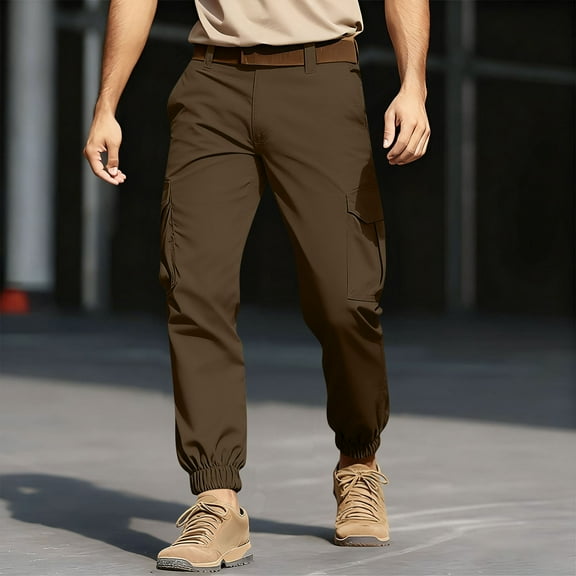 COSFO Cargo Work Pants for Men Brown Casual Jogger Pants Hiking Outdoor Comfort Waist Zipper Loose Fit Men Trousers