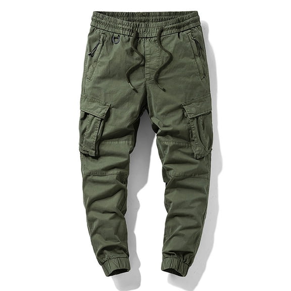 COSFO Carpenter Tactical Pants Men Taper Green Full Workwear Solid Elastic Waist Drawstring Mens Pants Casual