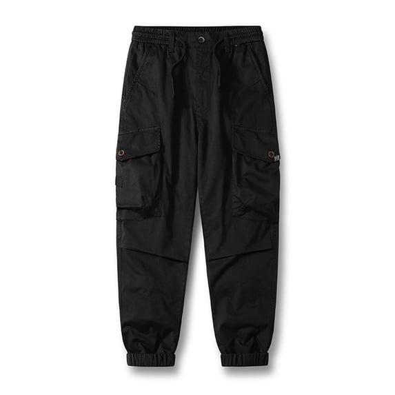 COSFO Carpenter Tactical Pants for Men Taper Full Black Workwear Drawstring Solid Elastic Waist Mens Pants Relaxed Fit