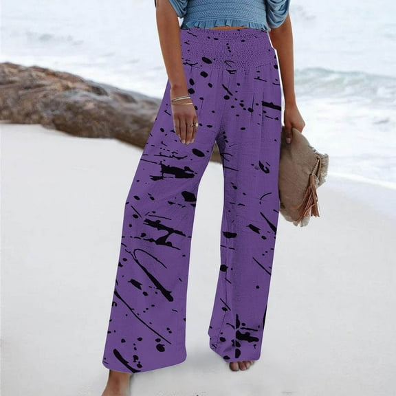 COSFO Casual Fall Pants for Women 2024 Palazzo High Elastic Waisted Purple Colorblock Wide Leg Pants with Pocket Loose Pants