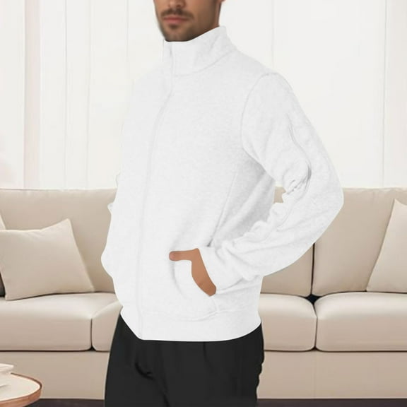COSFO Casual Jacket for Men Lightweight Full Zip White Outerwear Stand Colla with Pockets Long Sleeve Loose Fit Coats for Men