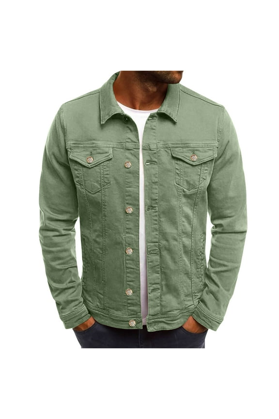 Casual Jean Jacket Men Green Solid Button Lightweight Denim Jackets Mid-Length Long Sleeve Slim Multiple Pockets Hoodless Jackets
