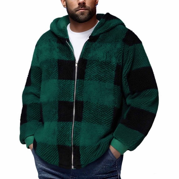 COSFO Casual Men Jacket Fleece Zip Up Plaid Lightweight Outerwear Loose Fit with Pockets Stand Colla Long Sleeve Mens Winter Coats