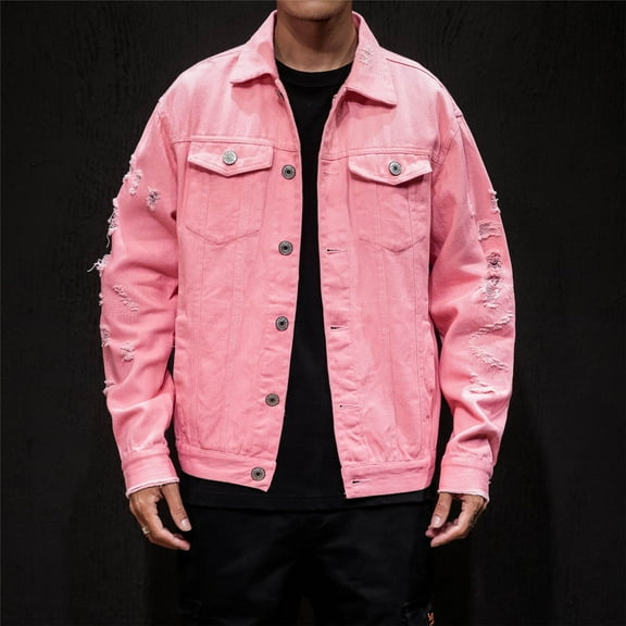 COSFO Casual Men Jean Jacket Pink Solid Button Down Denim Coat with Pocket Ripped Long Sleeve Collared Loose Jackets