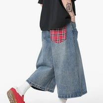 COSFO Casual Men Jeans Comfort Waist Solid Wide Leg Capris Baggy Stretch with Pockets Mens Denim Pants