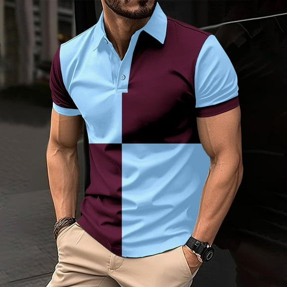 COSFO Casual Men Polo Shirt Pullover Short Sleeve Collared Colorblock Tops Button Loose Graphic Tees