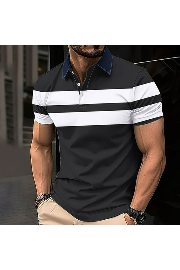 Casual Men Polo Shirt Pullover Short Sleeve Collared Striped Tops Button Loose Graphic Tees