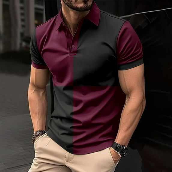 COSFO Casual Men Polo Shirt Pullover Short Sleeve Colorblock Collared Tops Loose Button Graphic Tees