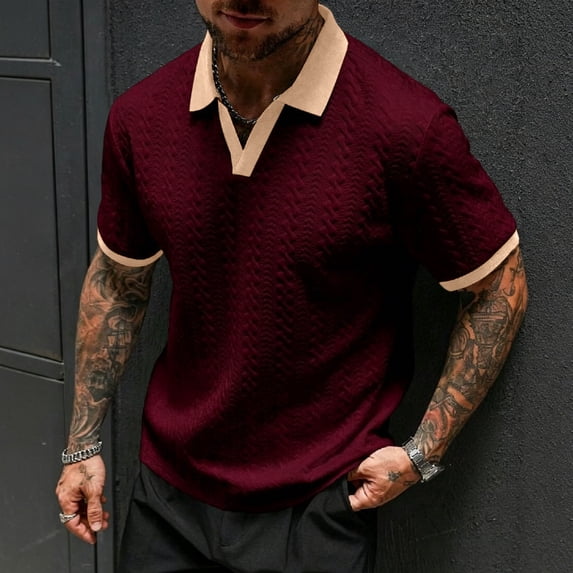 COSFO Casual Men Polo Shirts Red Knit Short Sleeve Shirt Collared Classic Fit Jacquard Pullover Summer Tops