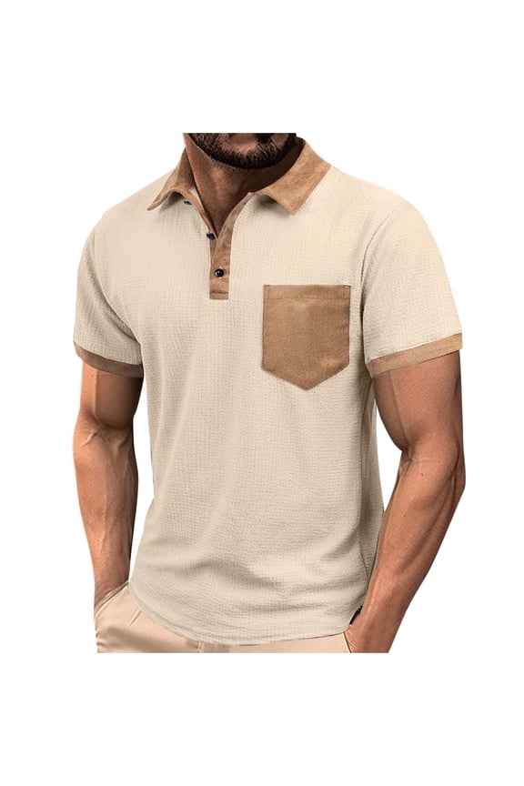Casual Men Polo Shirts Short Sleeve Solid Collared Tops Performance Pullover Slim with Pocket Shirts
