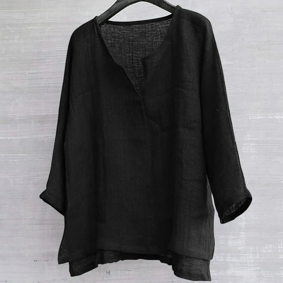 COSFO Casual Men Shirt Long Sleeve Black V-Neck Pullover Solid Linen T Shirts for Man