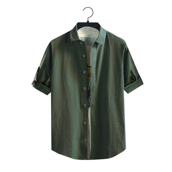 COSFO Casual Men Shirts Button Down Mock Neck Short Sleeve Tops Loose Solid Cotton Mens Shirt