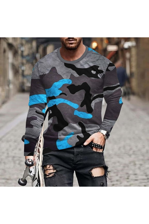 Casual Men Shirts Crew Neck Blue Long Sleeve Camouflage Pullover Mens Tshirts