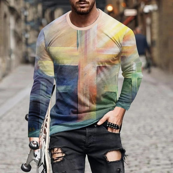 COSFO Casual Men Shirts Crew Neck Multicolor Long Sleeve Cross Pullover Mens T-Shirts