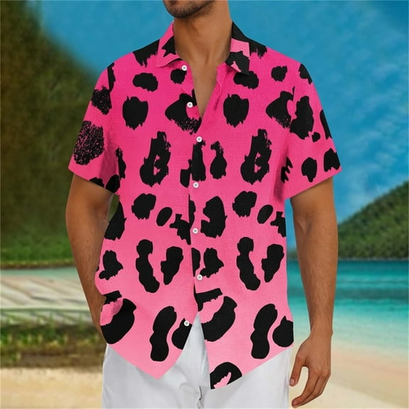 COSFO Casual Men Shirts Leopard Print Short Sleeve Collared Tops Button Down Regular Fit Summer Shirts