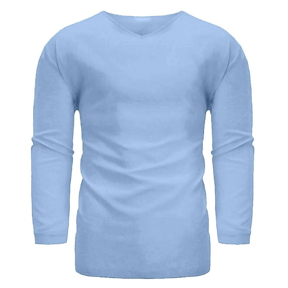 COSFO Casual Men Shirts Long Sleeve Blue Crew Neck Solid Pullover Linen Mens T-Shirts