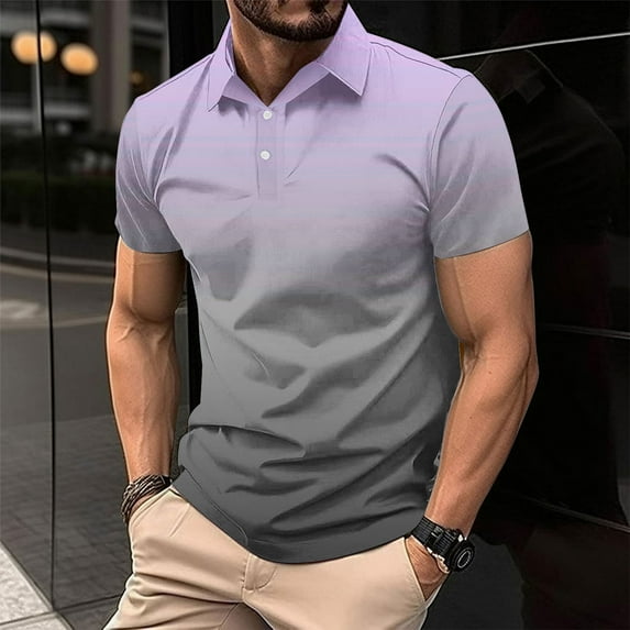 COSFO Casual Men Shirts Short Sleeve Gradient Collared Pullover Button Loose T Shirts for Man