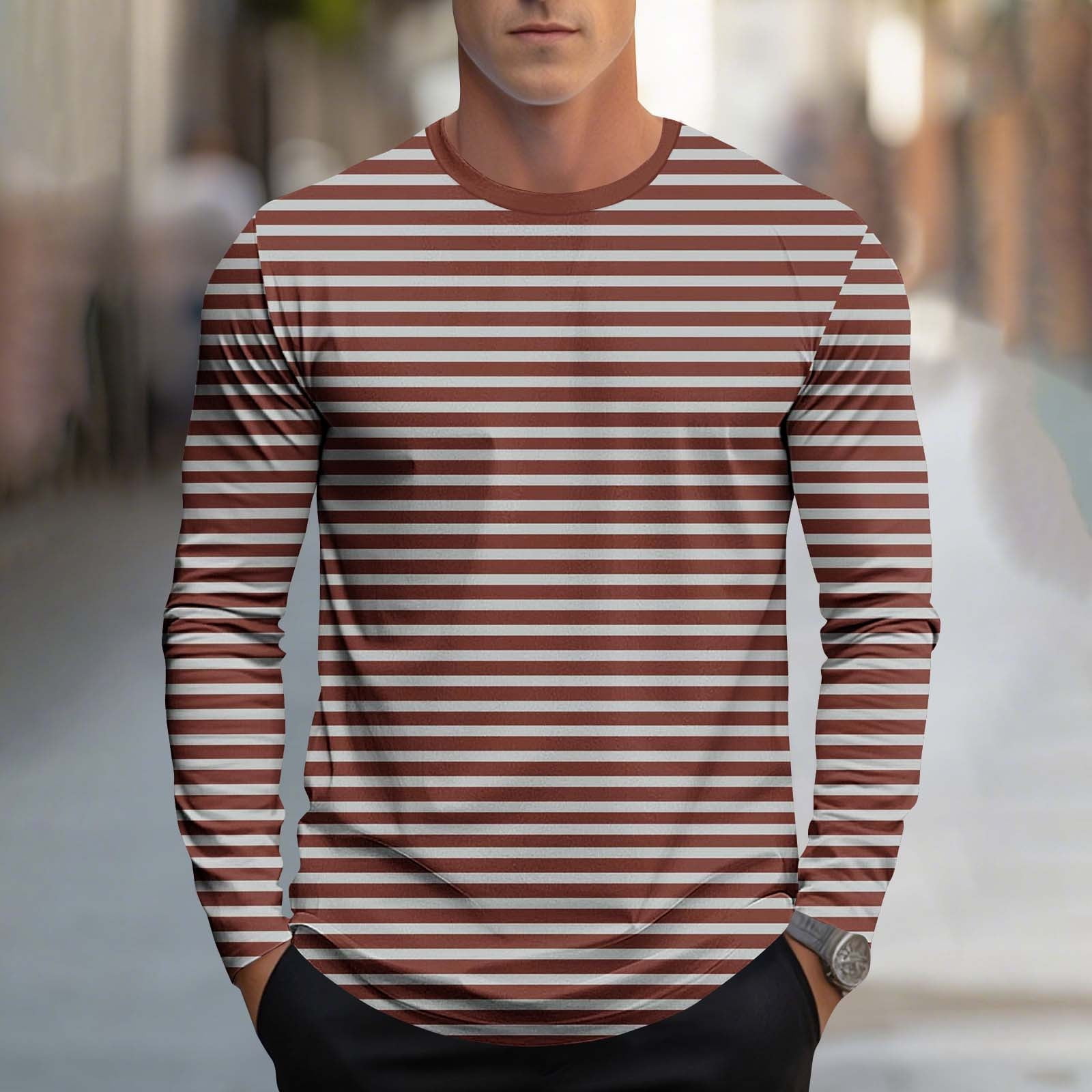 COSFO Casual Men T Shirts Long Sleeve Cotton Striped Tops Workout Loose ...