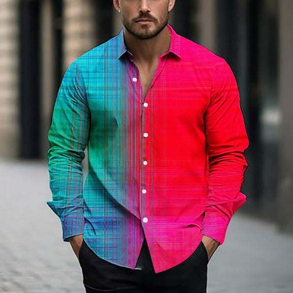 COSFO Casual Men's Button Down Shirts Colorblock Long Sleeve Tops Loose Fit Collared Men Shirts