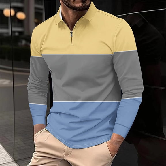 COSFO Casual Men's Polo Shirts Long Sleeve Mesh Colorblock Tops Collared Quarter Zip Regular Pullover Classic T-Shirt