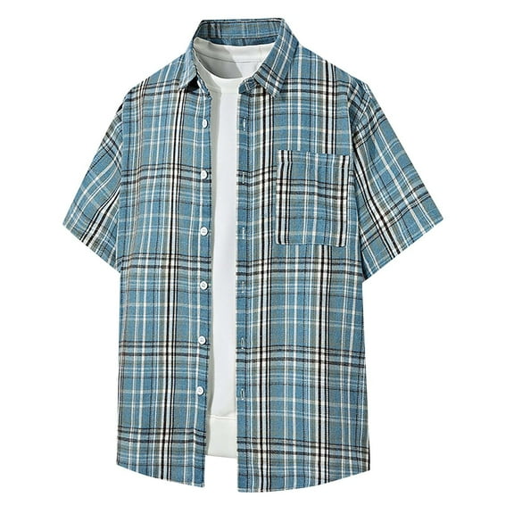 COSFO Casual Men's Shirts Collared Plaid Short Sleeve Tops Regular Fit with Pocket Button Down Shirts