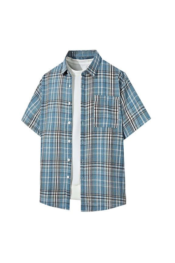 Casual Men's Shirts Collared Plaid Short Sleeve Tops Regular Fit with Pocket Button Down Shirts
