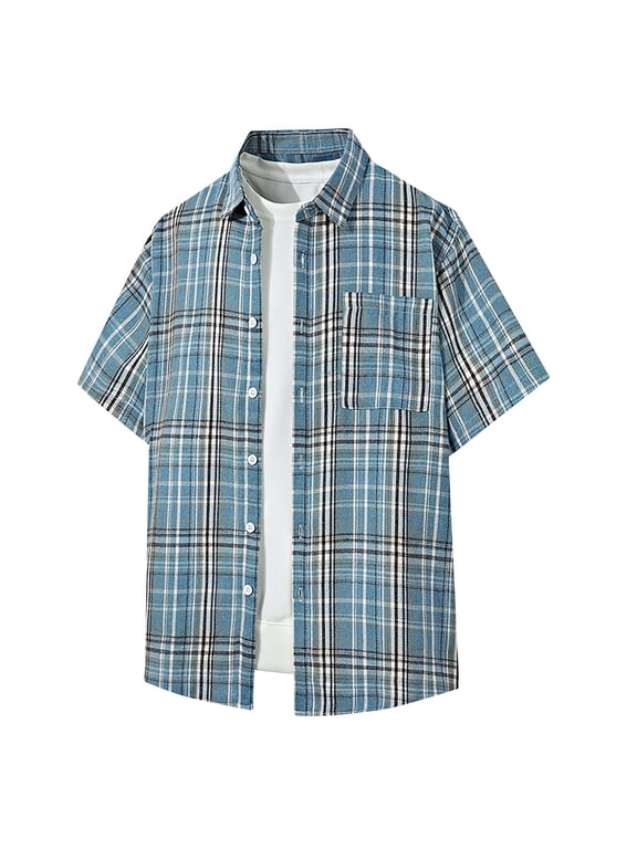 Casual Men's Shirts Collared Plaid Short Sleeve Tops Regular Fit with Pocket Button Down Shirts