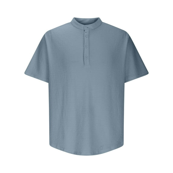 COSFO Casual Men's Shirts Short Sleeve Mock Neck Solid Tops Pullover Loose Cotton Linen Classic T-Shirt