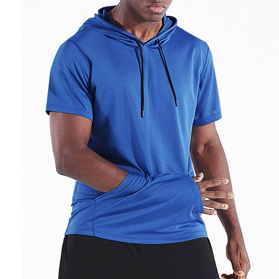 COSFO Casual Men's Shirts Short Sleeve Solid Hooded Pullover Tops Workout Loose with Pocket Classic T-Shirt