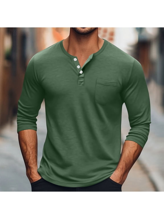 Casual Men's Shirts Solid 3/4 Sleeve Tops with Pocket Loose Button Henley Pullover Classic T-Shirt
