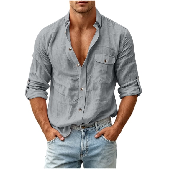 COSFO Casual Mens Button Up Shirt Long Sleeve Faux Linen Shirts Collared Work with Pocket Solid Classic Fit Shirts for Men