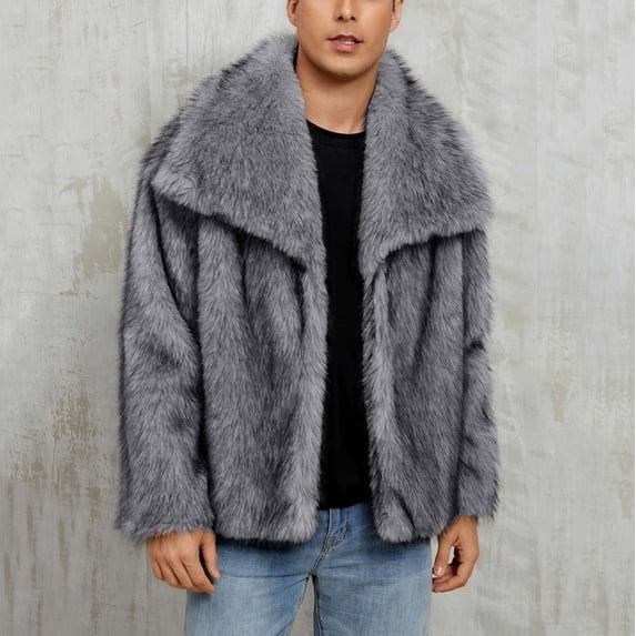COSFO Casual Mens Fall Jackets Open Front Faux Fur Gray Coat Long Sleeve Collar Warm Loose Fit Mens Winter Coats
