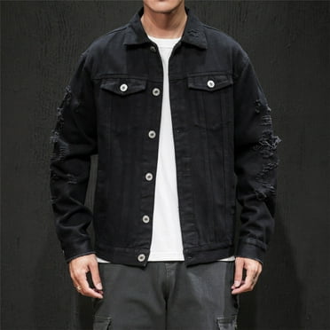 COSFO Casual Mens Jean Jacket Black Button Down Solid Denim Coat with Pocket Ripped Loose Long Sleeve Collared Jackets