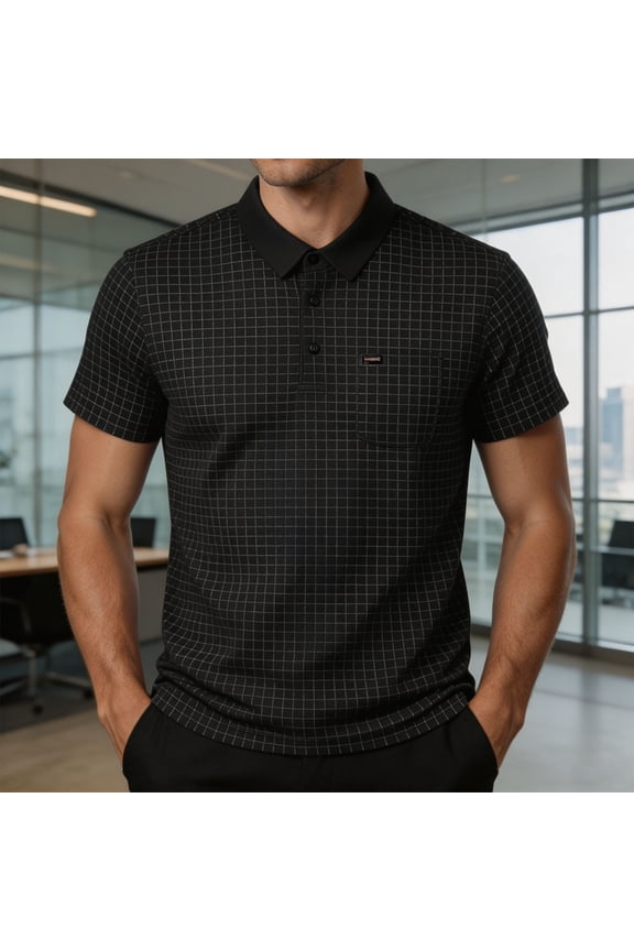 Casual Mens Polo Shirts Plaid Business Short Sleeve Shirt Loose Fit with Pocket Collared Pullover Work Tops