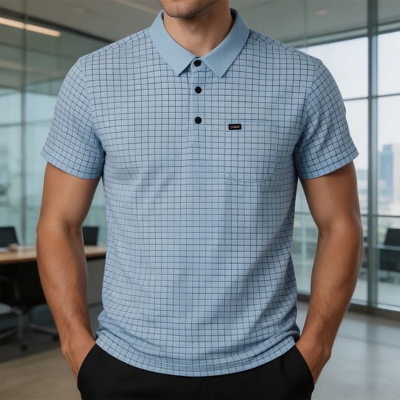 COSFO Casual Mens Polo Shirts Short Sleeve Business Plaid Shirt Loose Fit with Pocket Pullover Collared Work Tops