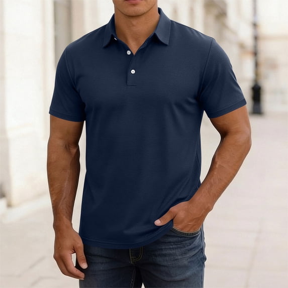 COSFO Casual Mens Polo Shirts Short Sleeve Waffle Blue Classic T-Shirt Pullover Collared Golf Loose Fit Performance Tops